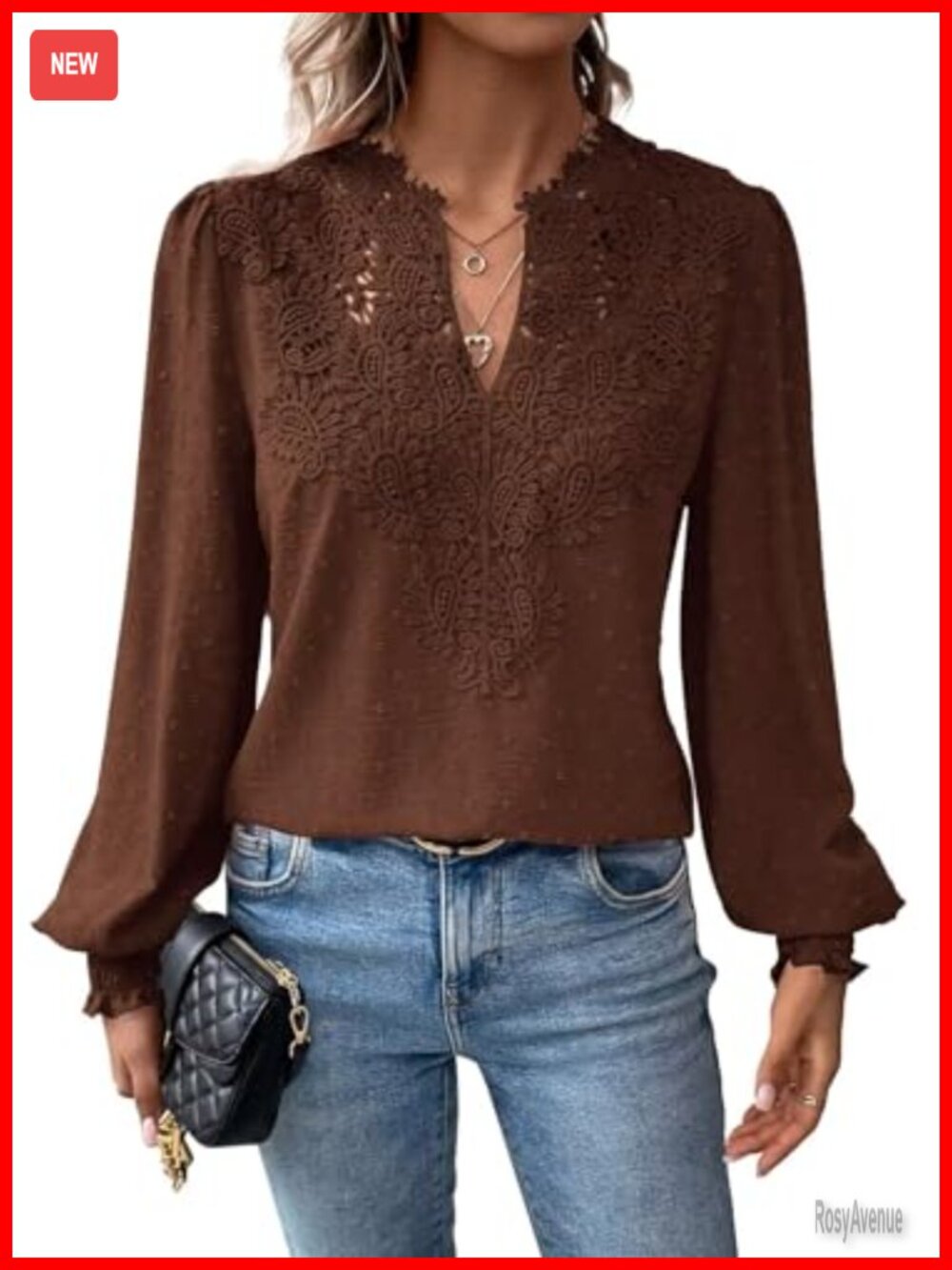 Women's Boho Flowy Lace Floral V Neck Long Sleeve Blouse Top